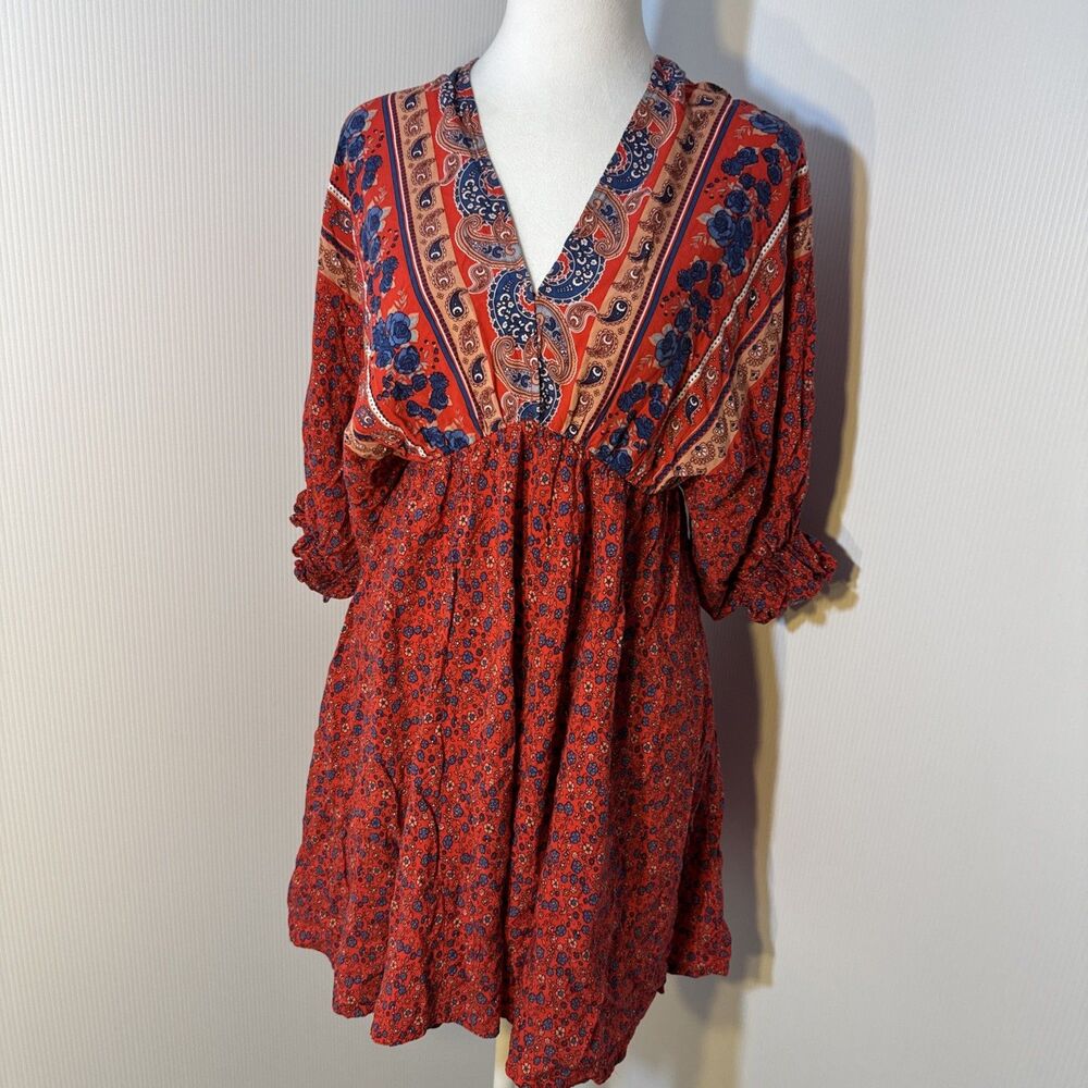 Umgee Boho‎ Summer Red Mini Dress Floral Med Baby Doll Puff Sleeve V neck